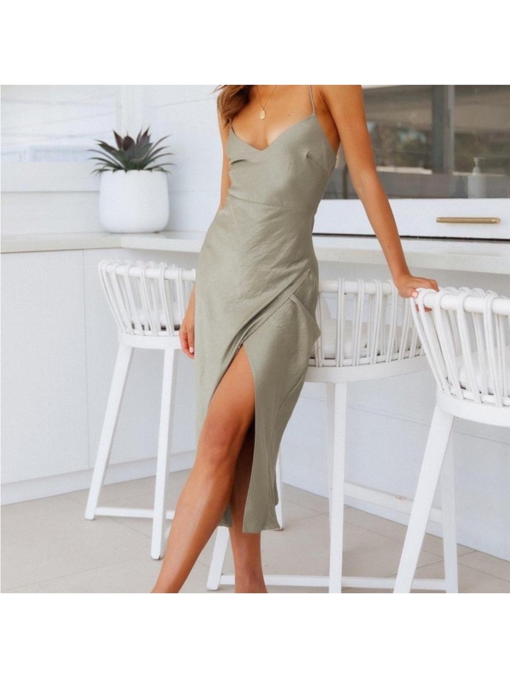 NWT Hello Molly Crashing Prom Midi Dress Sage Green with Side Slit
